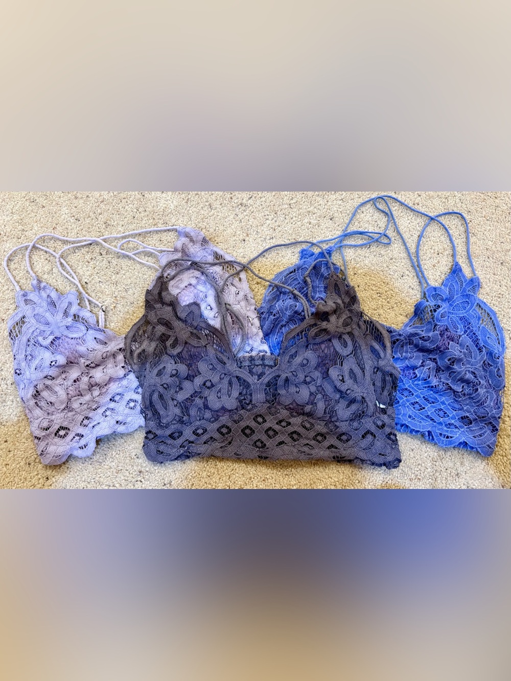 Free People Adella Lace Bralette Trio in Lavender, charcoal purple and baby Blue
